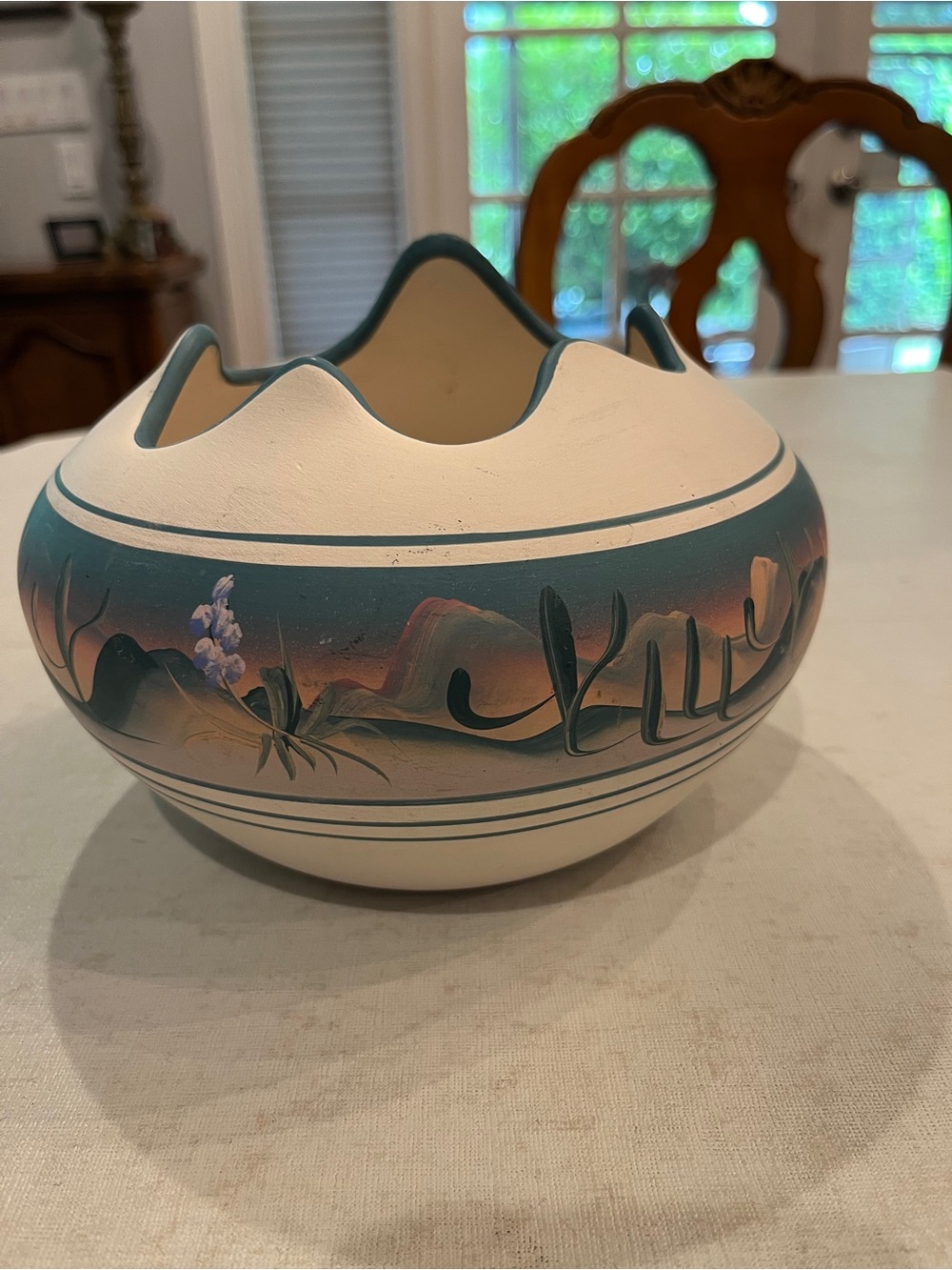 Vintage Hand-Painted Teal and Cream Southwestern pottery style Bowl.